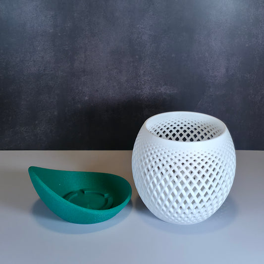 White Mesh Planter and Green Drip Tray against Dark Background