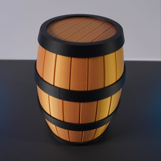 Wooden barrel-shaped object with black bands on a gray background