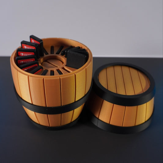 Wooden barrel game holder with gray and white background